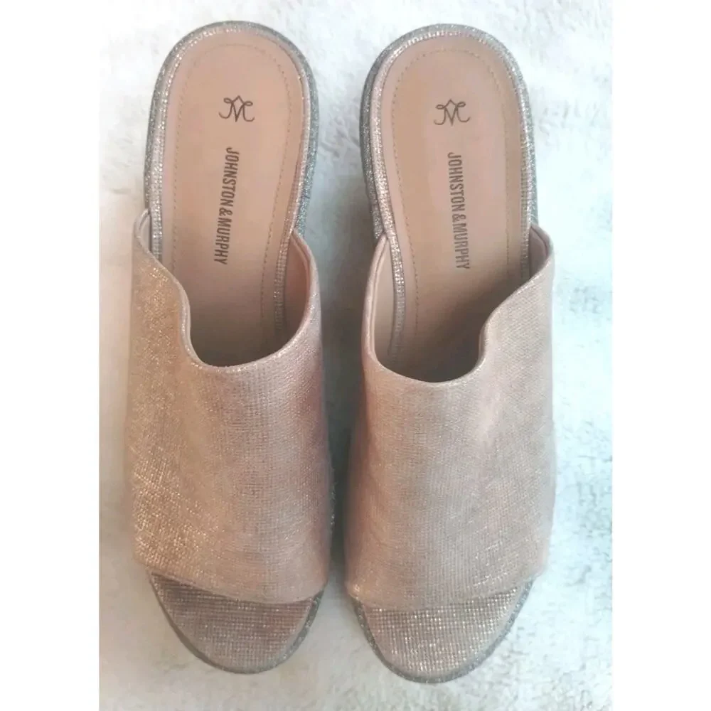 Johnston And Murphy NEW Jade Metallic Suede Cork Wedge Heel Slip On Sandal 7M